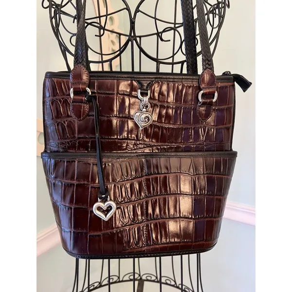 BRIGHTON Black Brown Croc Leather Bucket Tote Shoulder Handbag Double Handles‎ - Image 2