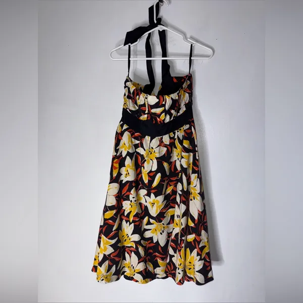 Moulinette Soeurs* Black & Yellow Small Silk Floral‎ Print Halter Neck A-Line 8 - Image 3