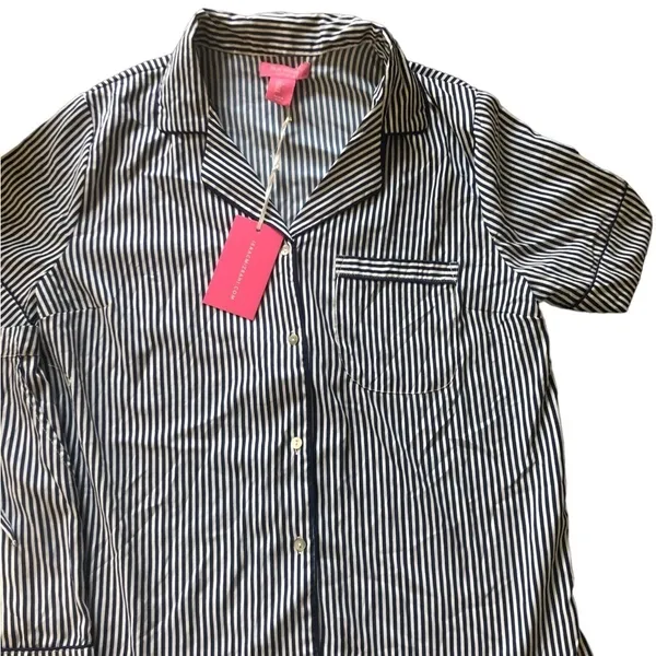 Isaac Mizrahi Navy Pinstripe 2Pc Pajama Set Sz Small Shorts Button Down SS Top - Image 2
