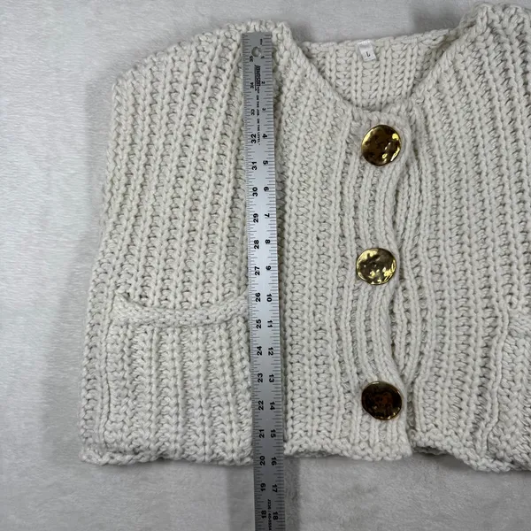 Cream Chunky Ribbed Knit‎ Cardigan Vest Gold Buttons Pockets Size L 9047 - Image 3
