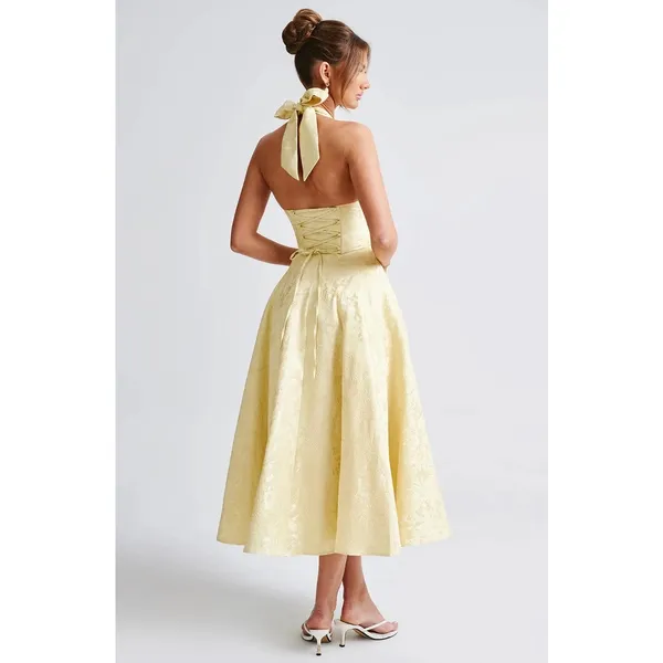 NWT Babyboo Effie Lemon Yellow Floral Jacquard Halter A-Line Midi Dress Size S - Image 8