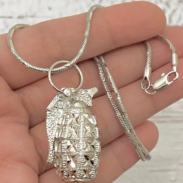 Silver Tone Grenade Pendant Necklace - Image 4