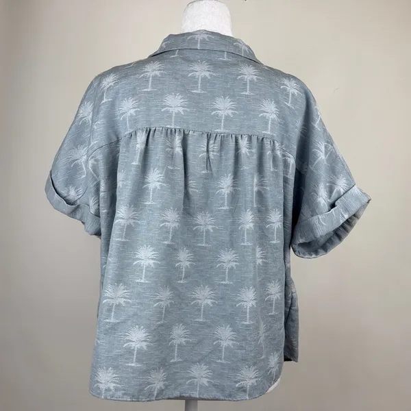 Zara Blue Palm Tree Print Button Down Short Sleeve Collared Blouse Shirt Top M - Image 5