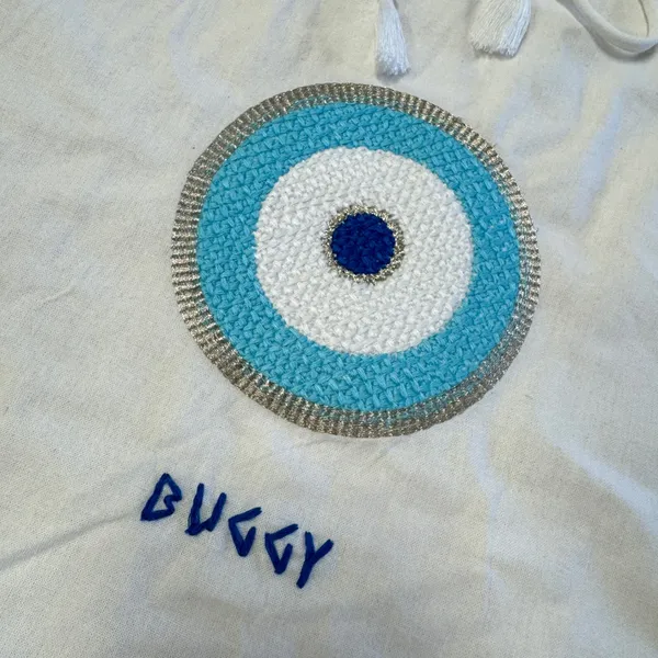 Buggy Cotton Tote Bag Embroidered Evil Eye Drawstring Tassel Blue Silver White - Image 3