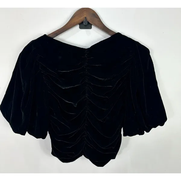 Zara Black Velvet Ruched Crop Top Size Small Puff Sleeve‎ Whimsigoth Art Deco - Image 3