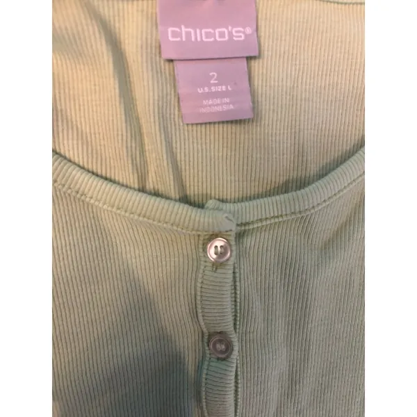 Chico's Henley Top Size L Green Ribbed Pima‎ Cotton 3/4 Sleeve Casual Classic - Image 2