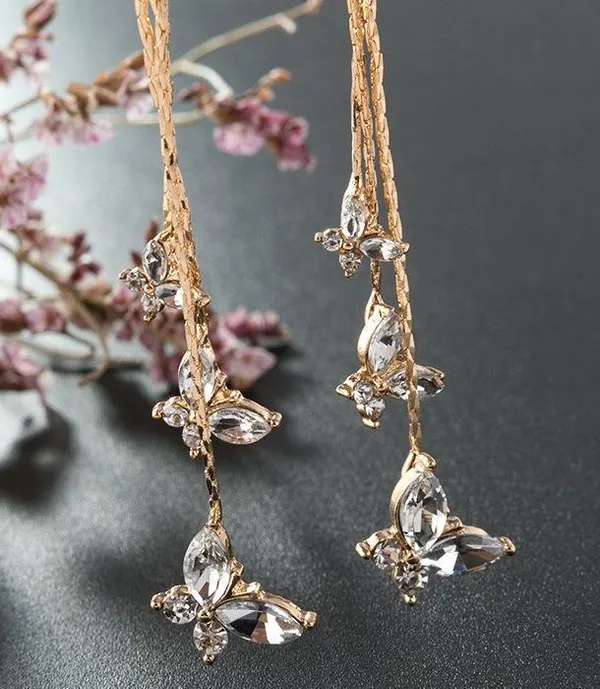 Gold Butterfly Crystal Long Tassel Dangle Drop Earrings for Women - Image 5