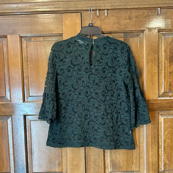 Ann Taylor LOFT Dark Green See Through Lace 3/4 Bell Sleeves Blouse‎ Size M - Image 4
