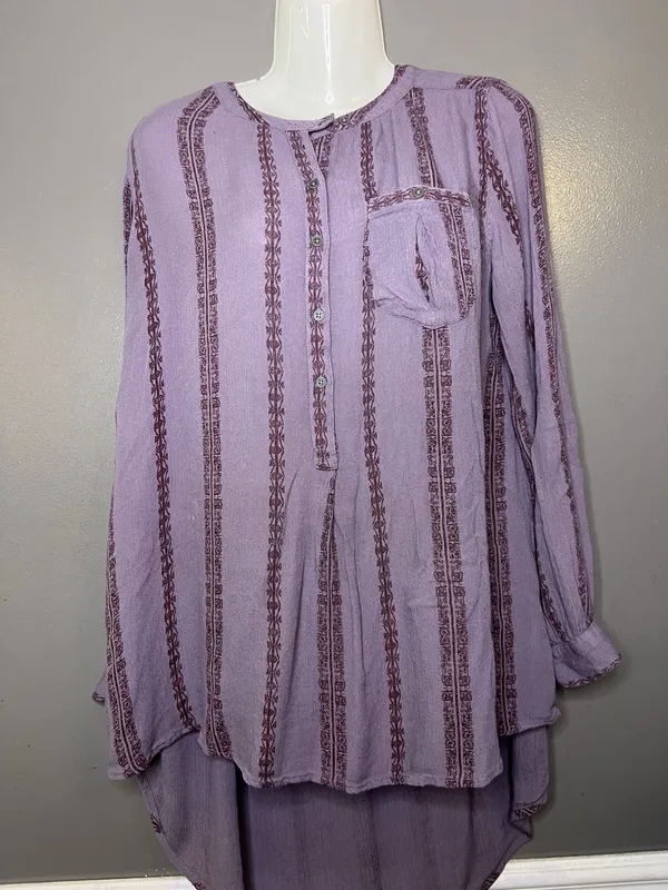 Free People Blouse Womens Medium Purple Striped Henley Long Sleeve Tunic Top - Image 2