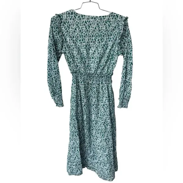 Olivia James Green Floral Long Sleeve midi dress vneck ruched waist S - Image 2