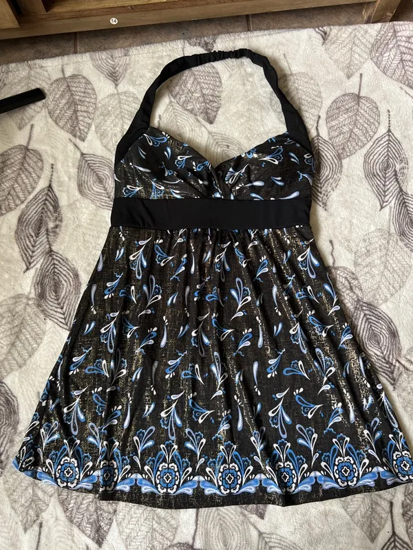 Y2k vintage blusón Black Halter Neck Print Dress with Blue Accents - Image 2