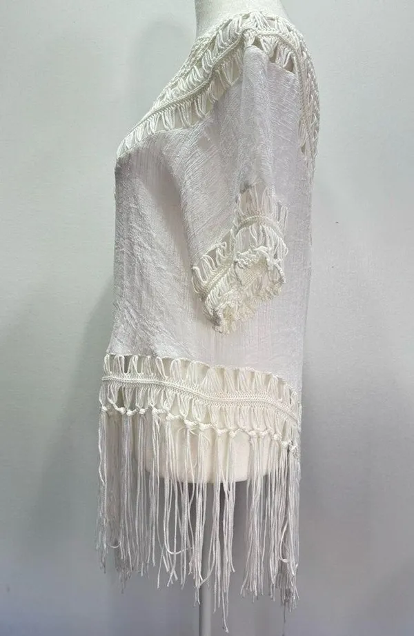Boho Hippie White Gauzy Cotton & Crochet Lace with Fringe Top Size Medium - Image 4