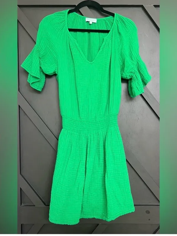 NWT Michael‎ Stars Katelyn Cotton Gauze Smocked Waist Peasant Dress Green Medium - Image 3