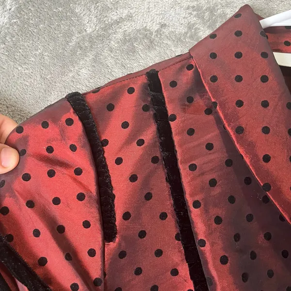 Vintage Whimsigoth Dark Romance Red‎ Satin Polka Dot Belted Blouse Structured SM - Image 9