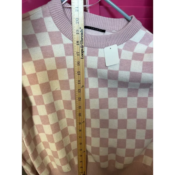 Tahari Pink Cream Checkered Crew Neck Long Sleeve Knit Sweater Pullover RN93178 - Image 6