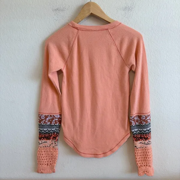 FREE PEOPLE The Mix Cuff Thermal Orange Coral Waffle Knit Crochet Top Womens XS - Image 3