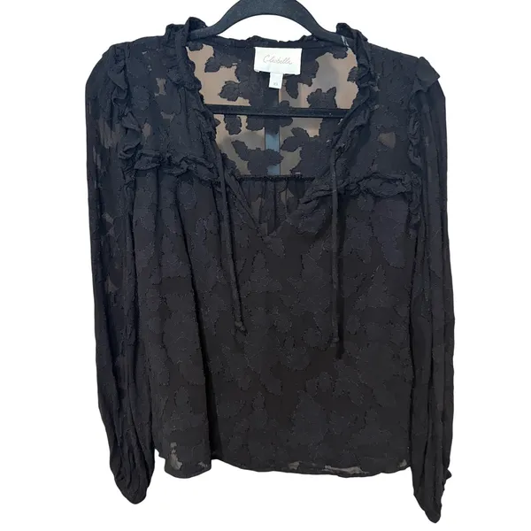 Cleobella Amara Blouse Black Floral Jacquard Ruffle Tie Neck Size XS - Image 2