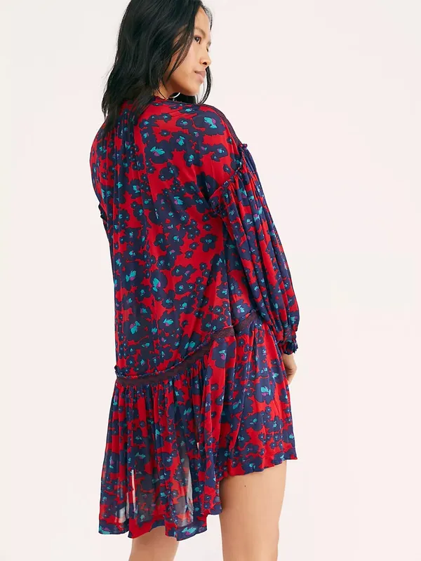 NEW Free People Red Floral Bohemian Keyhole Long Sleeve Mini Dress SMALL Tunic - Image 2
