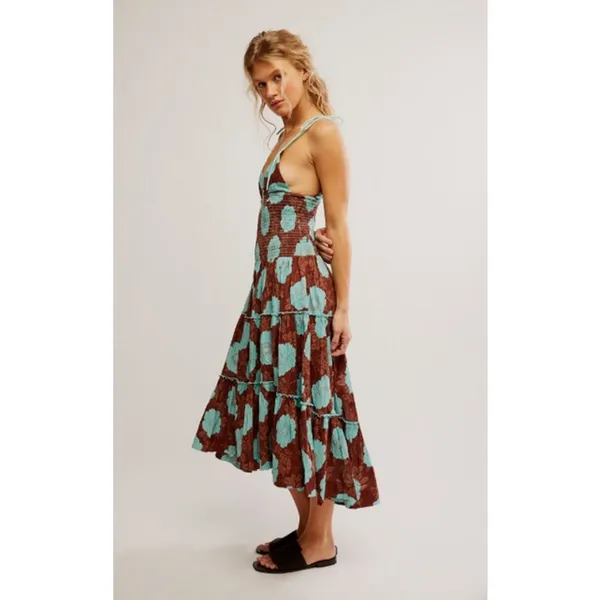 Free People Bohemian Beachy Hawaiian Adriel Midi Dress Brown Blue Floral Size XL - Image 11
