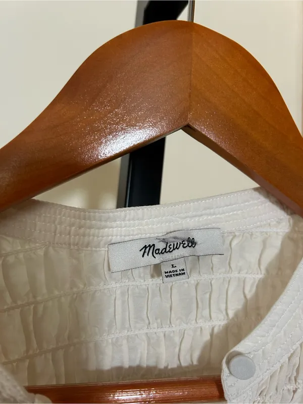 Madewell Smocked Top in Cotton Silk Blend Button Front Shirt Cream Blouse‎ Large - Image 6