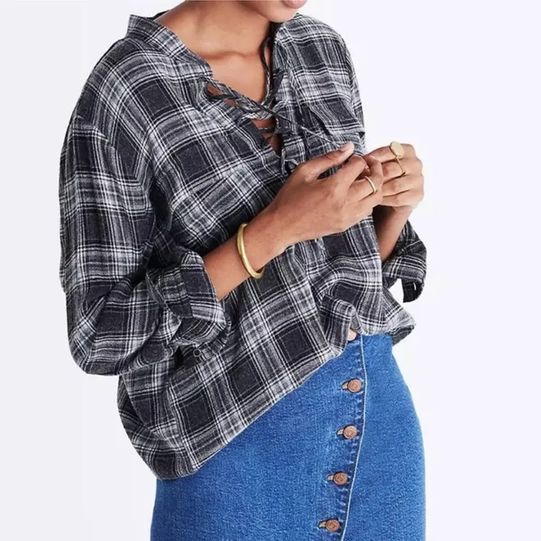 Madewell‎ Women’s Owens Plaid Terrace Lace-Up Shirt Size Medium - Image 2