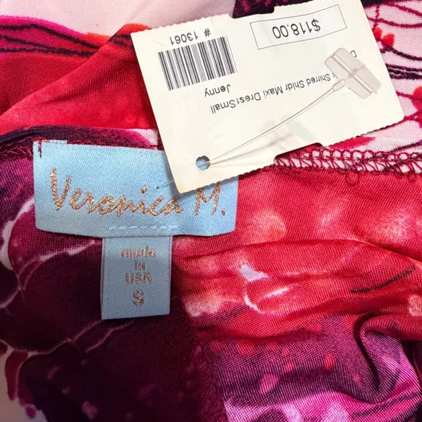 Veronica M Jenny Abstract V-Neck Shirred Shoulder Maxi‎ Dress Pink Orange S NEW - Image 4