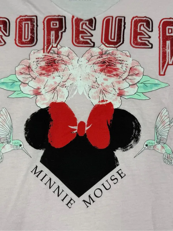 Disney Minnie Mouse Forever Floral Graphic Tee Womens M Pink V Neck Cotton - Image 2