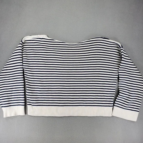 Sezane Leontine Sweater Women M Ecru Navy Striped Cotton Shoulder Button Knit - Image 4