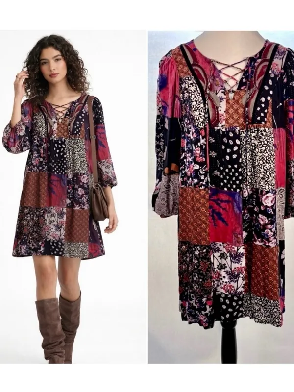 ONE SEPTEMBER Anthro Arcata Patchwork Beaded Lace Up Swing Dress Sz Small💛 - Image 2