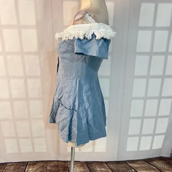 Reformation button down mini denim dress with white fringed off the shoulder nec - Image 7