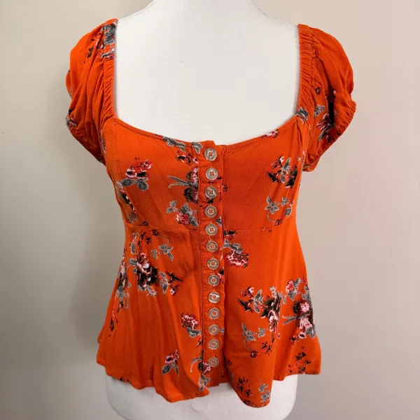 Free People Close To You Orange Floral Puff Sleeve Smocked Peplum Top Small - Image 2