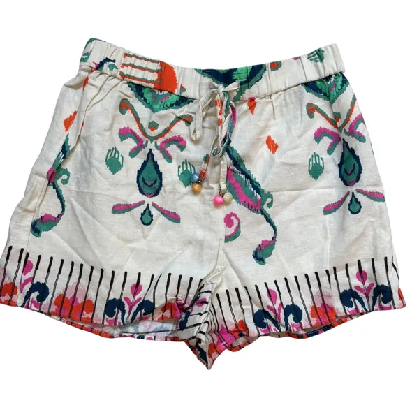Zara Linen Print Shorts Boho Pom Pom‎ Drawstring Waist Casual Summer XS - Image 3
