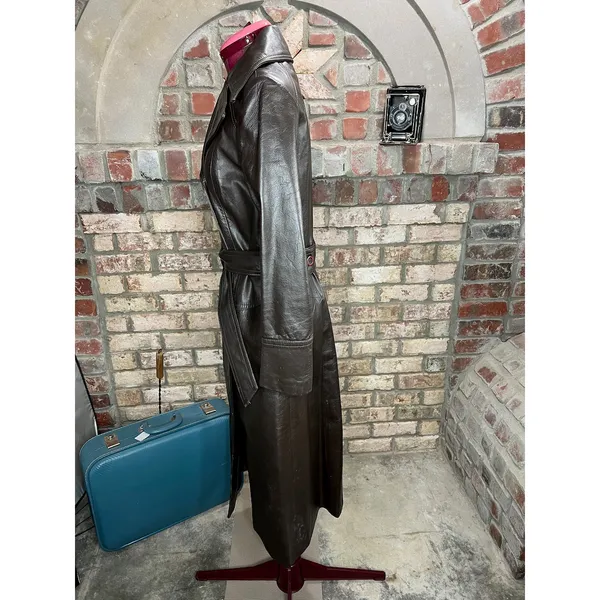 leather trench coat brown double breasted Vintage 1970s sz 7 - Image 8