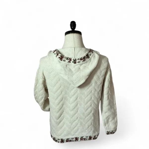 Nordic Fair Isle Reindeer Knit Hoodie Women Medium Cream Chevron Boho - Image 3