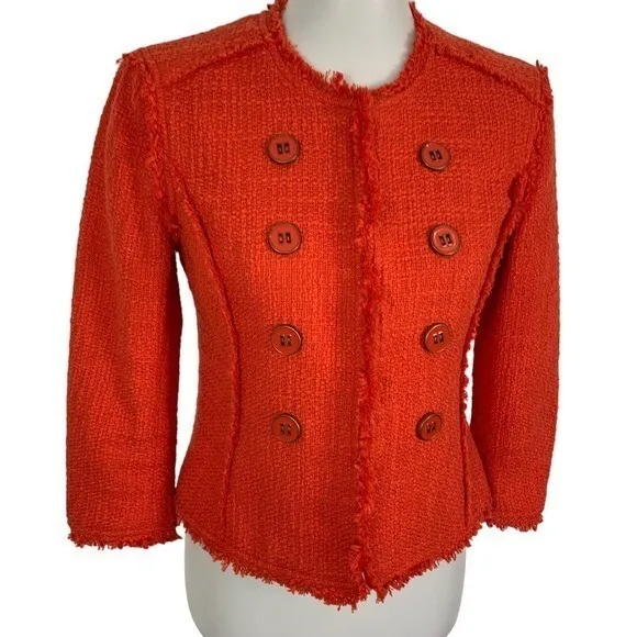 Jacqueline Riu‎ Red Boucle Double Breasted Jacket Blazer Frayed Trim Button 36 - Image 2