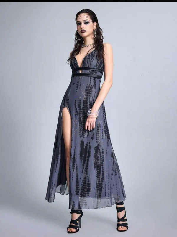 Sleek Gray Grunge Goth Plunge Maxi Dress with High Slit New - Image 5