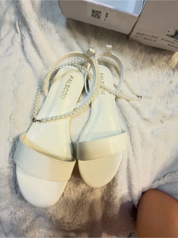 PALSCOU Wedding Shoes for Bride Flat Sandals Open Toe Pearl Bridal Shoes size 6 - Image 6