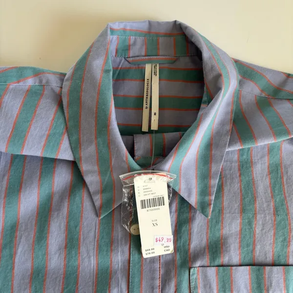 Anthropologie Lilac & Green Stripe Short Sleeve Button Up Shirt Womens XS Cotton - Image 4