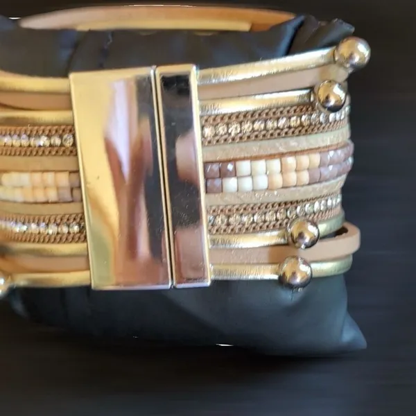 Beige Multi-Layer Leather Wrap Bracelet with Rhinestone Accents - Image 2