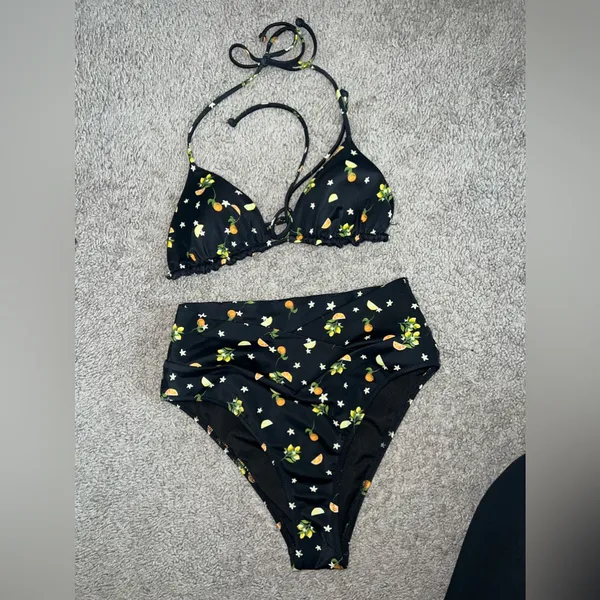 PINK bikini swimsuit size small orange lemon print high waist string top - Image 6