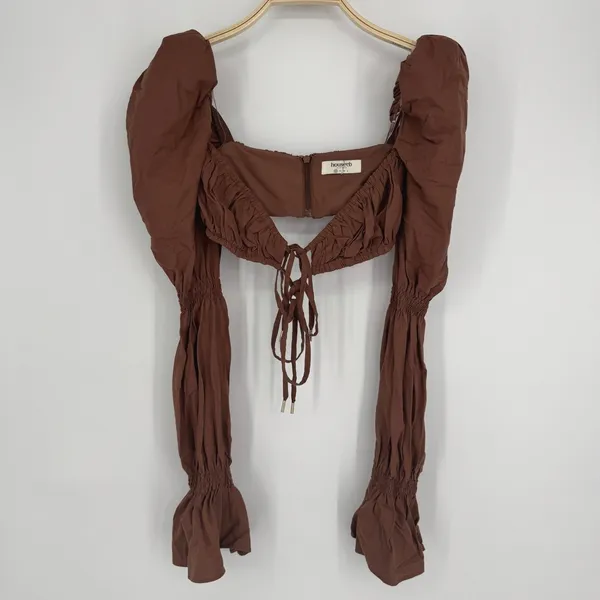 House of CB Molly Shirred Top XS Chocolate Puff Sleeve Romantic Cottagecore Sexy - Image 4