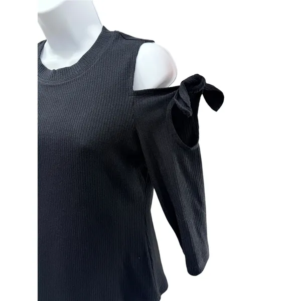 Rebecca Taylor Black Cold Shoulder Ribbed Knit Top Tie Sleeve Open Shoulder NWT - Image 2