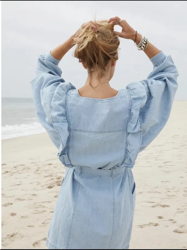 Free People Chambray Cotton Denim Mini Dress Belted Blue Front Zip SZ small - Image 2