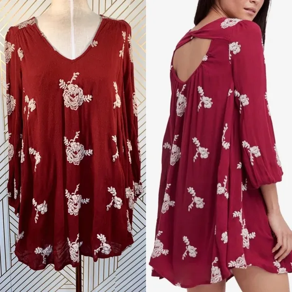 Free People Embroidered Austin‎ Mini Dress Maroon - Image 2