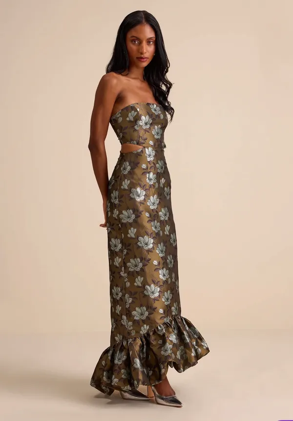 Lulus Olive Floral Jacquard Bubble Dress - Image 2
