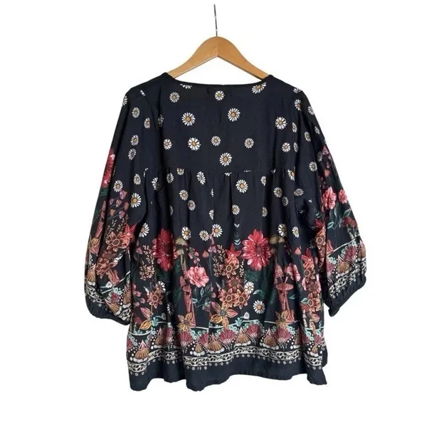 Natural Life Top Womens XL Maribel Mushroom Print Hippie Boho Black Floral Tunic - Image 4