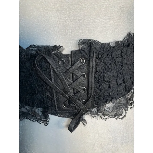 Deadstock Vintage Y2K Black Lace Corset Belt Leather Trim Statement Wide Cincher - Image 5
