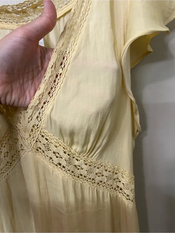 H&M Lace-Trim V-Neck Mini Dress in Light Yellow Sz L - Image 9