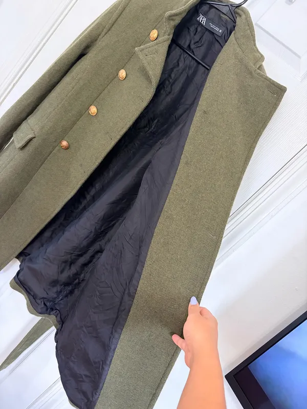 ZARA Olive Green Military Coat Gold Button Belted Preppy Academia Womens M - Image 7