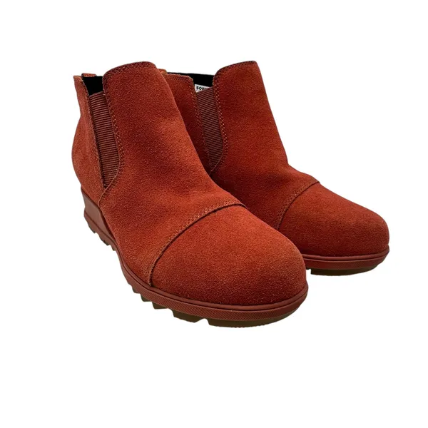 Sorel Evie Booties Boots Pull-On Wedge Heel Waterproof Suede Red‎ Size US 8 - Image 5